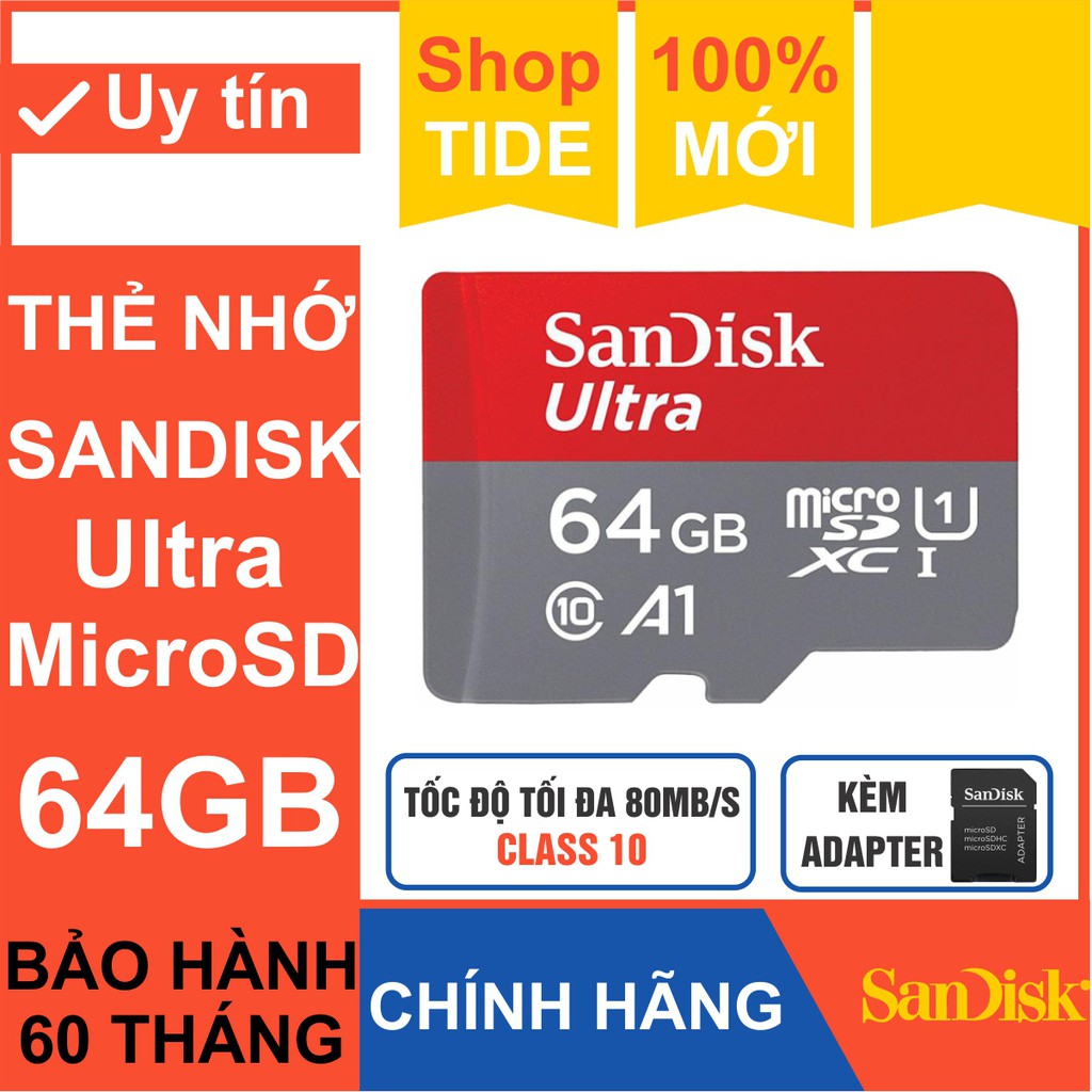 Thẻ nhớ MicroSD  SanDisk 64GB – SanDisk Ultra – Bảo hành 5 năm – CHÍNH HÃNG – Kèm Adapter