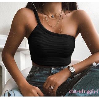 Áo Yếm Không Tay Màu Trơn Thiết Kế Lệch Vai Quyến Rũ Nữ Tính