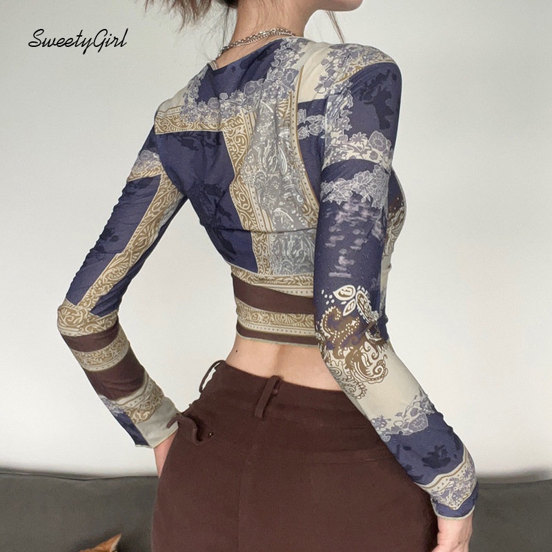 Áo Croptop Tay Dài Dáng Ôm In Họa Tiết Nhiều Màu Độc Đáo Thời Trang 2022 Quyến Rũ Cho Nữ