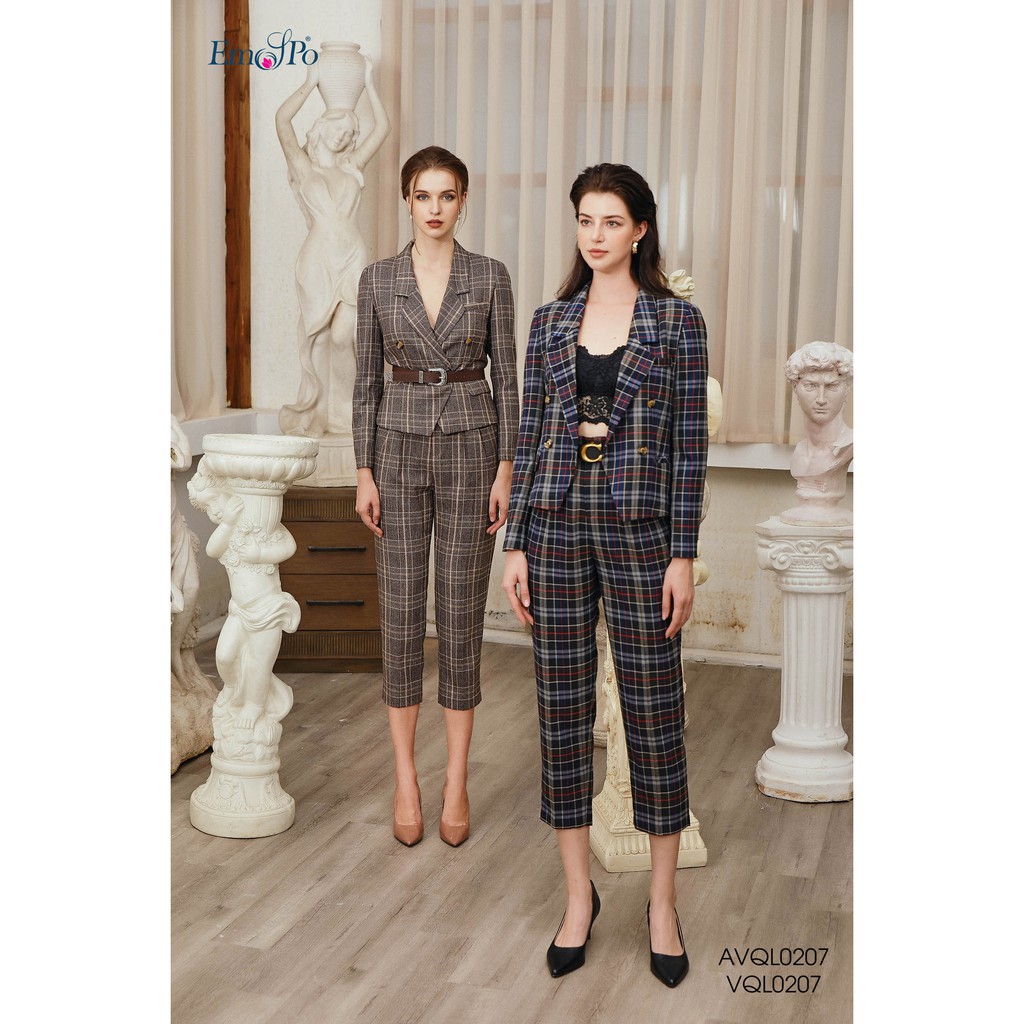 Áo vest kẻ cổ bẻ, 4 cúc Emspo AVQL0207 (có quần ghép bộ) (Nâu, Tím than)