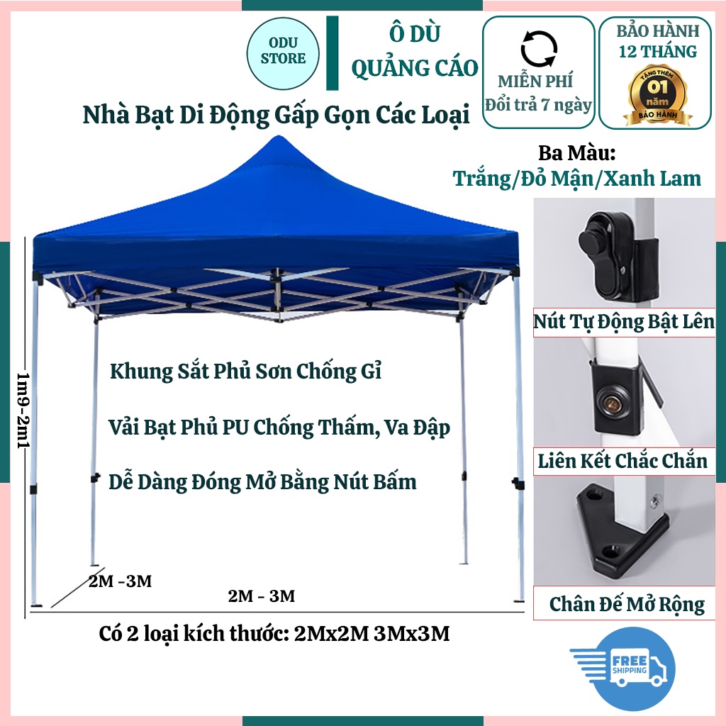 Nhà Bạt Di Động Mái Che Cao Cấp 2Mx2M, 3Mx3M Khung Sắt Tĩnh Điện Không Gỉ Vài Dù Che Nắng Ngoài Trời Bảo Hành 2 năm