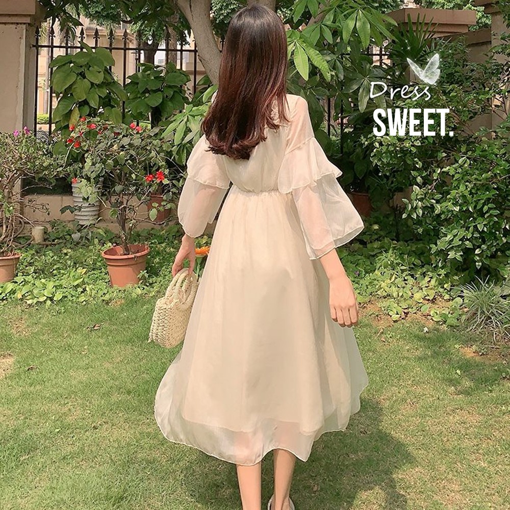 Váy Công Chúa Tay Dài Xòe Dáng Dài / Đầm Voan Tay Bồng Ulzzang Hàn Quốc Bánh Bèo Dễ Thương V00054 | BigBuy360 - bigbuy360.vn