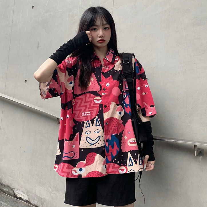 Áo Sơ Mi Voan Tay Ngắn Dáng Rộng In Họa Tiết Cá Tính Trẻ Trung Hợp Thời Trang