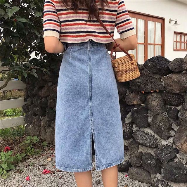 {order bigsize,S-5xl}Chân váy bò jean dài sẻ giữa - Có ảnh thật