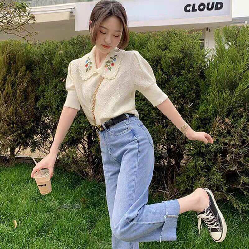 Áo Len Mongtoghi Nữ Thêu Hoa , Áo Len Mỏng Lưới Cổ Bẻ Hàn Quốc | BigBuy360 - bigbuy360.vn