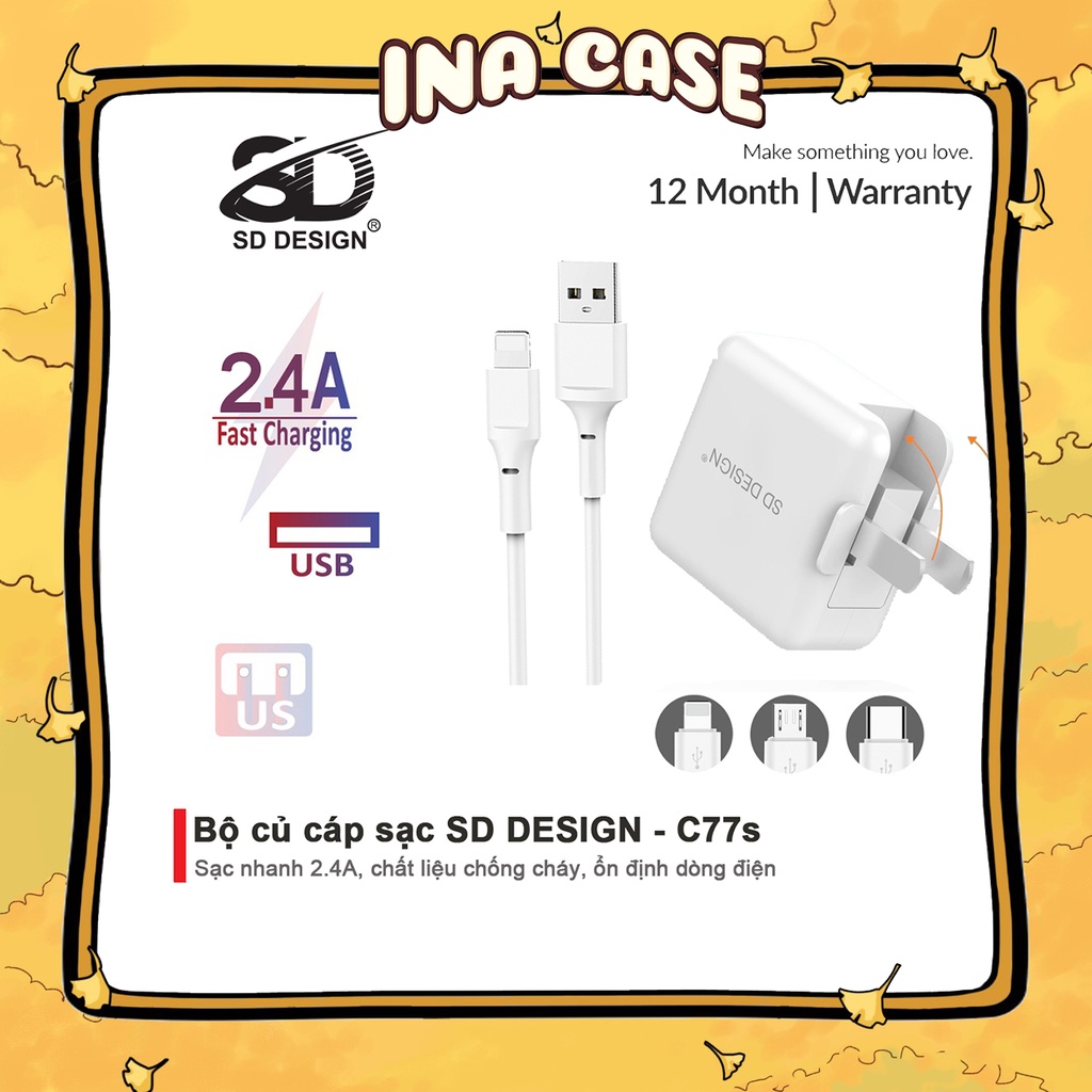 Bộ Cốc Sạc Nhanh C77s chính hãng SD DESIGN chân gập 90 độ sạc nhanh an toàn cho mọi thiết bị iphone, samsung, oppo