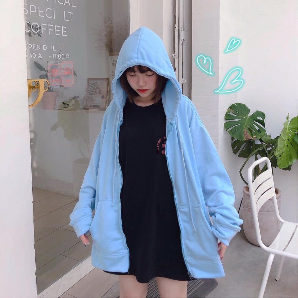 Áo Hoodie Nỉ Trơn Dáng Rộng Kèm Mũ Khóa Kéo 6 Màu (kèm ảnh thật )