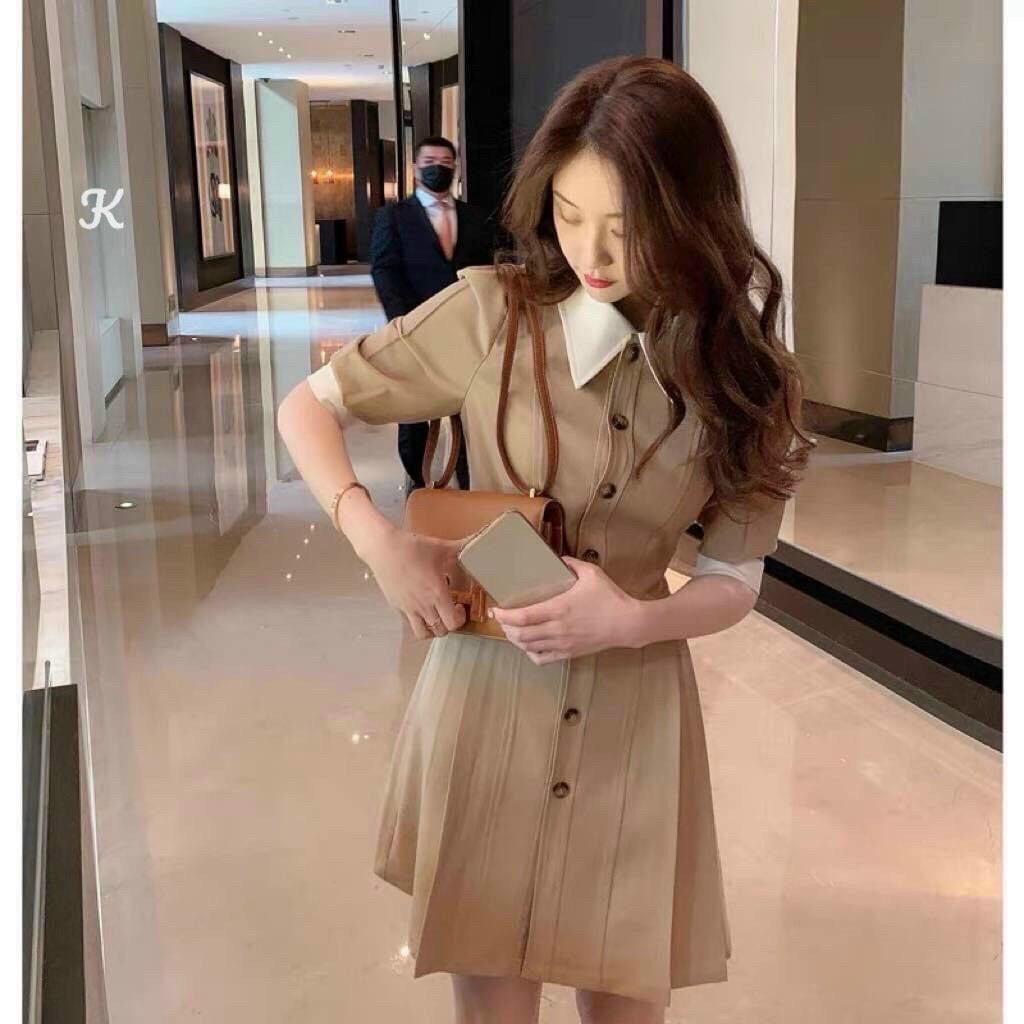 Đầm váy nữ cổ sen nhọn ngắn tay cài nút phối túi from dáng xòe sang trọng, thanh lịch thời trang nữ công sở, đi làm