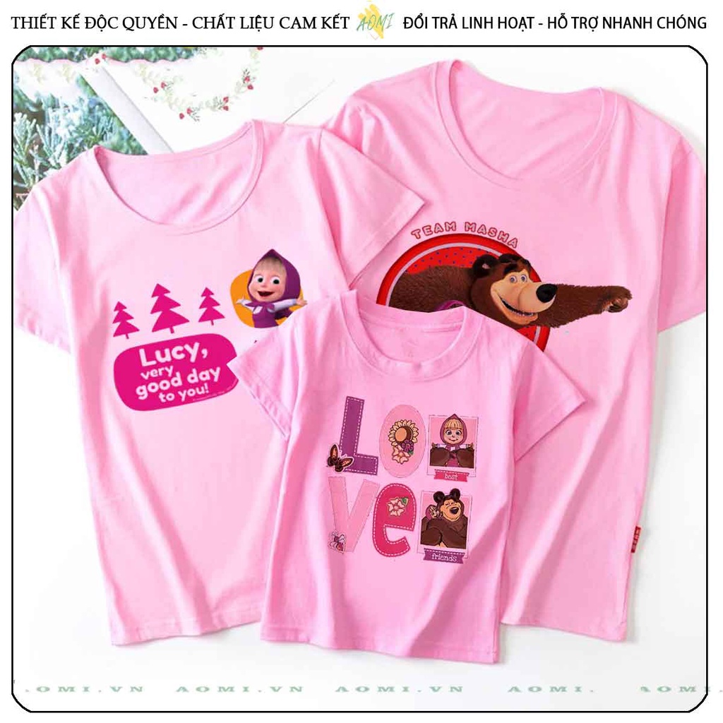 ÁO THUN masha and bear gấu nâu UNISEX PHÔNG HỒNG TAY NGẮN NAM NỮ GIA ĐÌNH CẶP ĐÔI SIZE TRẺ EM BÉ TRAI GÁI AOMIVN