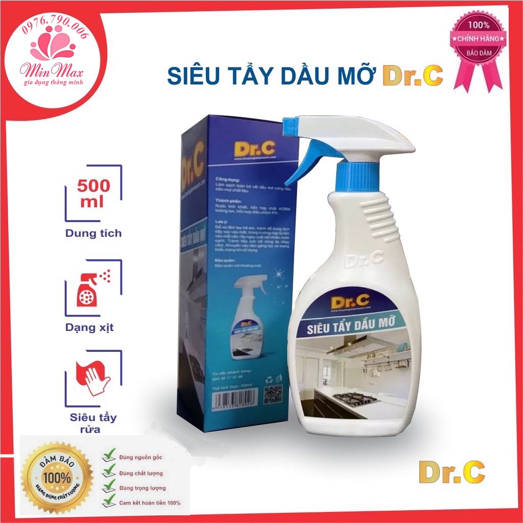 Tẩy dầu mỡ lâu ngày Dr.C - 500ml tẩy sạch hút mùi, vật dụng nhà bếp chỉ 1 lần dạng chai xịt