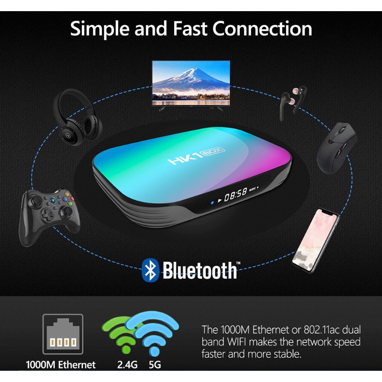 Android TV Box HK1 BOX,Cấu hình mạnh CPU: S905X3, 4GB Ram, Rom 32GB, Android TV 9, Wifi 2.4/5Ghz Mu-Mimo, Bluetooth 4.1