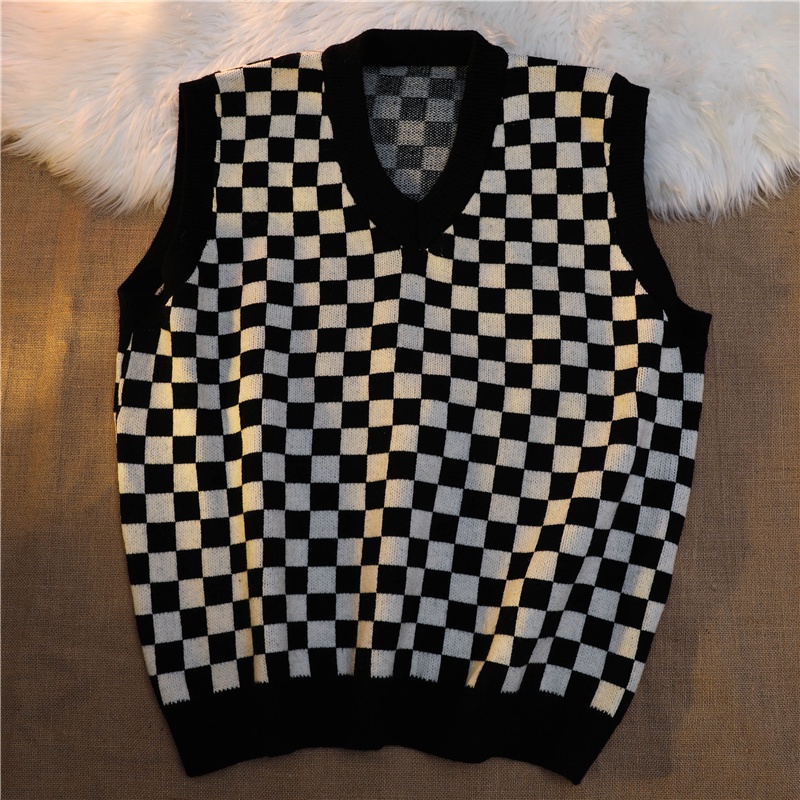 Áo len không tay dáng rộng họa tiết sọc caro thời trang Hàn quốc