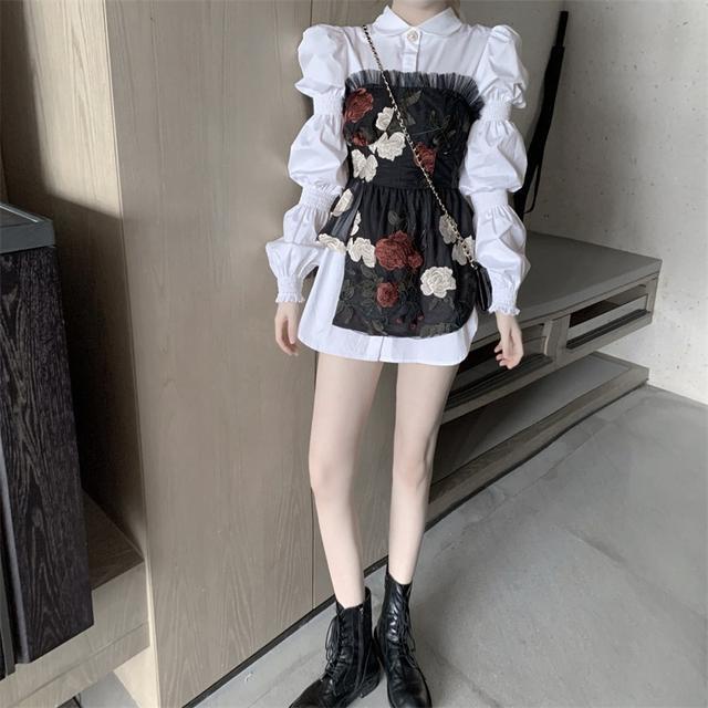 French minority bubble sleeve dress women's autumn two-piece suit temperament close waist thin white shirt A-line skirt