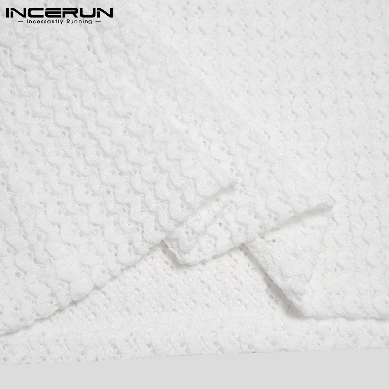 Áo kiểu INCERUN thiết kế tay ngắn trơn màu có lỗ xuyên thấu dành cho nam mùa hè