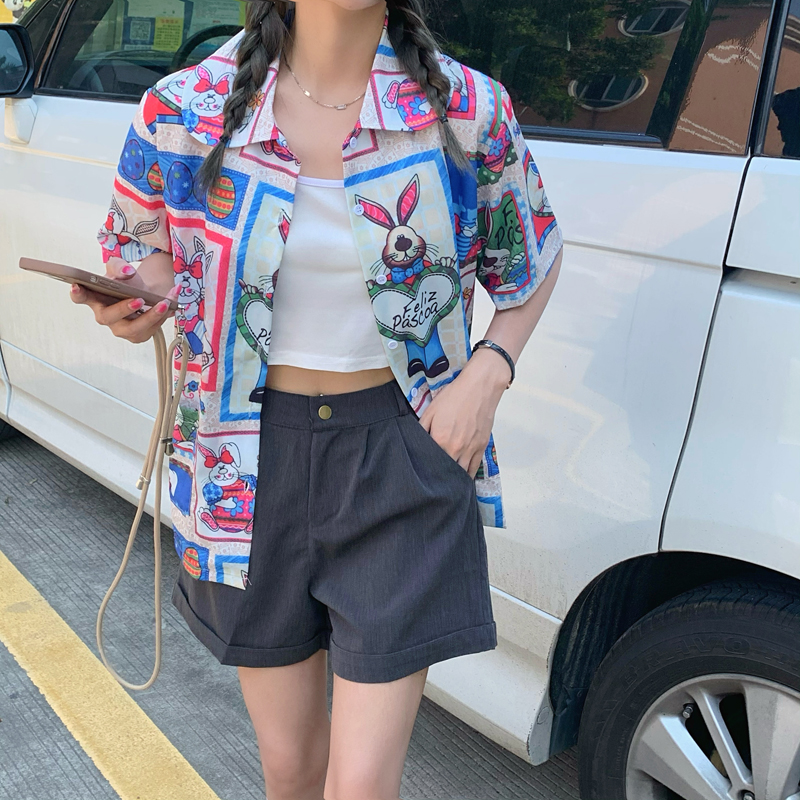 Áo Sơ Mi Nữ Tay Ngắn Hình Thỏ Phong Cách Retro Xinh Xắn