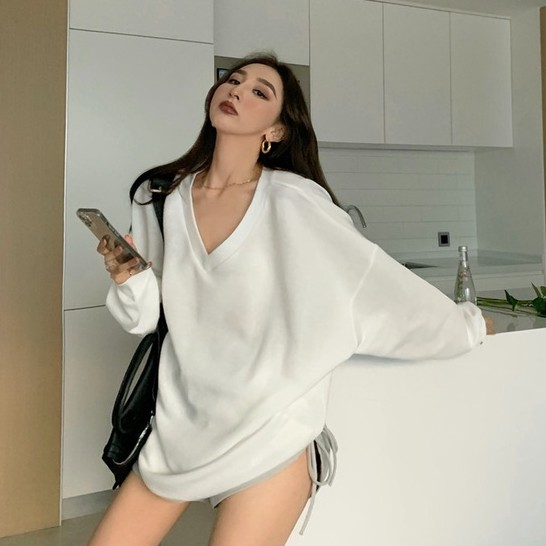 QADCOL Áo thun lửng dài tay cổ chữ V dáng rộng thời trang cho nữ