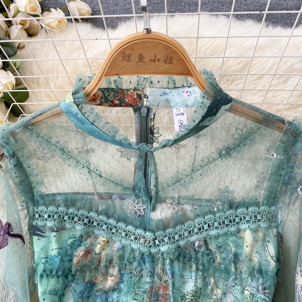 Váy xanh dài tay dáng dài thêu hoa nhẹ nhàng sang trọng  080522