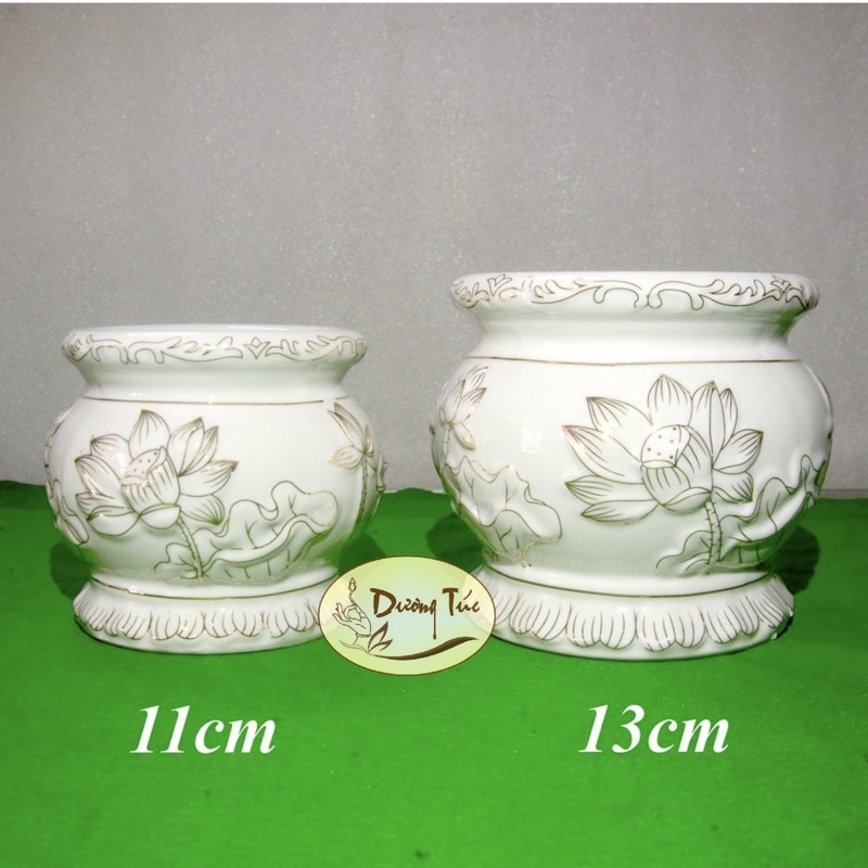 Lư Hương (Bát nhang) Bằng Sứ Cao Cấp - Bạch Ngọc Sen Nổi Loại 1