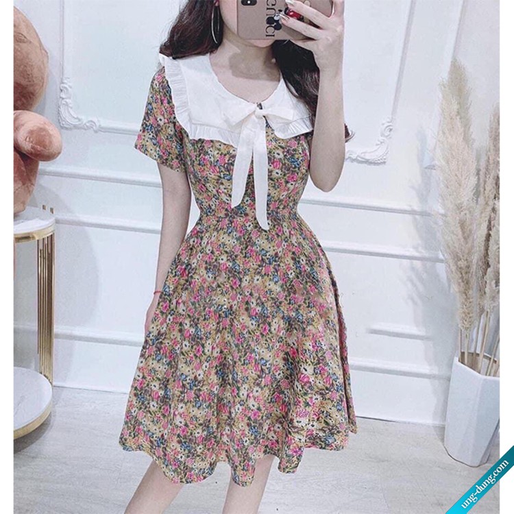 Đầm váy cổ trắng họa tiết dễ thương cho nàng dạo phố dự tiệc orange.vn