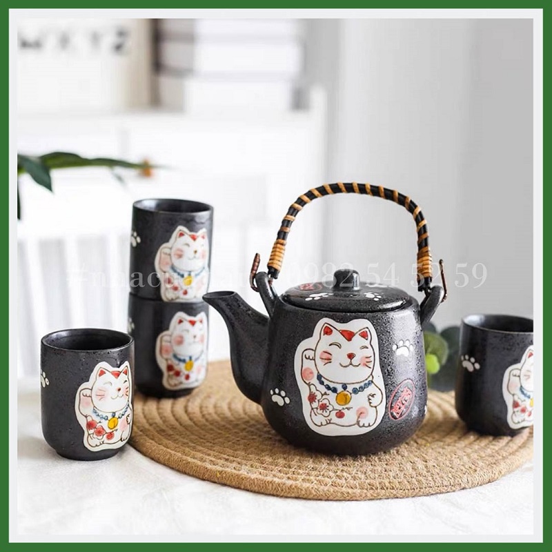 Set ấm chén, bộ bình trà sứ, hoạ tiết Mèo thần tài Maneki Neko độc đáo rất thích hợp tặng biếu, tân gia, sinh nhật