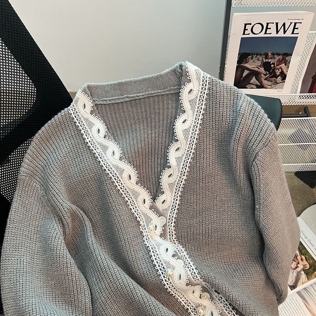 Áo Khoác Cardigan Dệt Kim Mỏng Mềm Mại Cổ Chữ V Phối Ren Thời Trang Xuân Thu Dành Cho Nữ