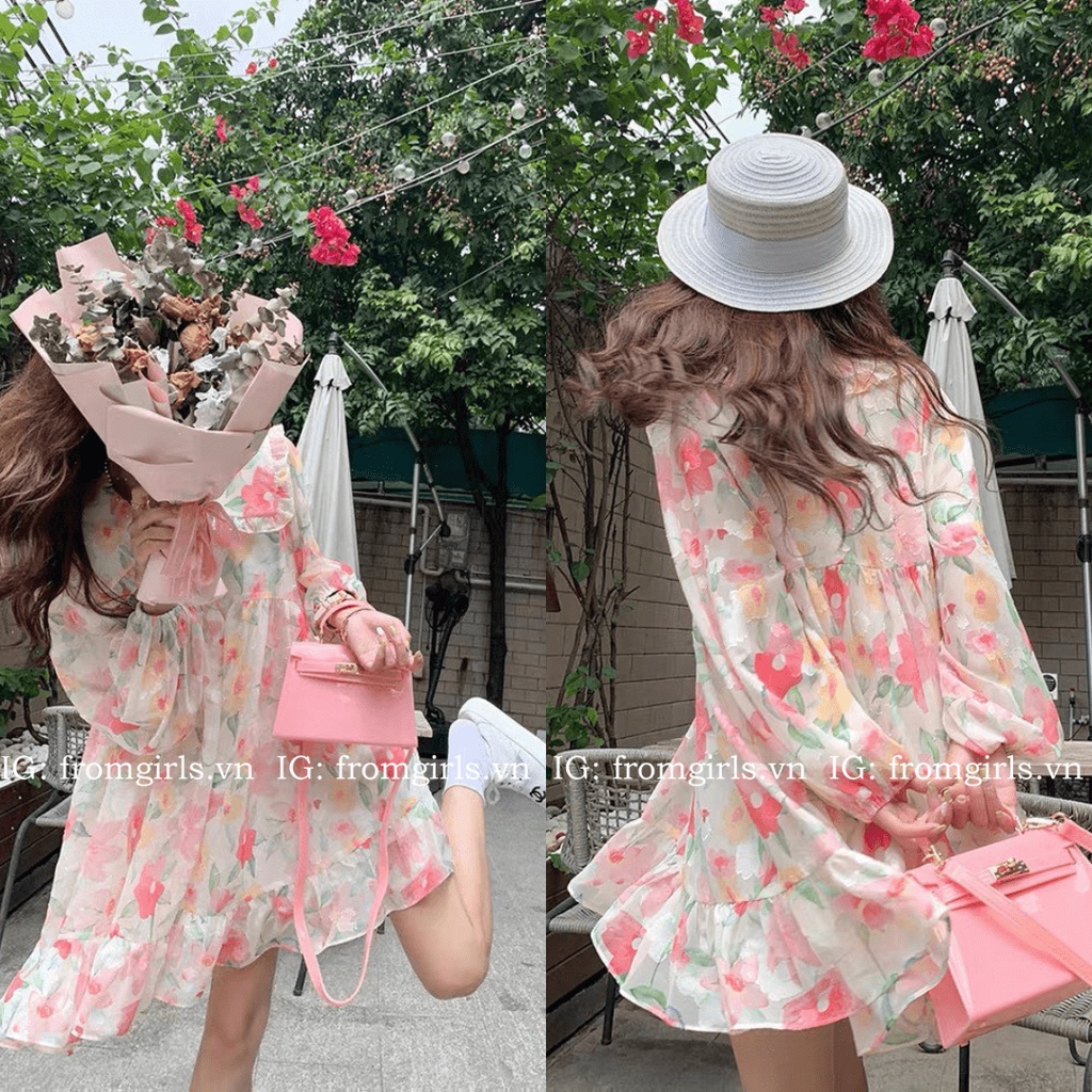 Đầm babydoll hoa hồng cổ sen, váy babydoll hoa viền bèo có dây buộc eo - V88