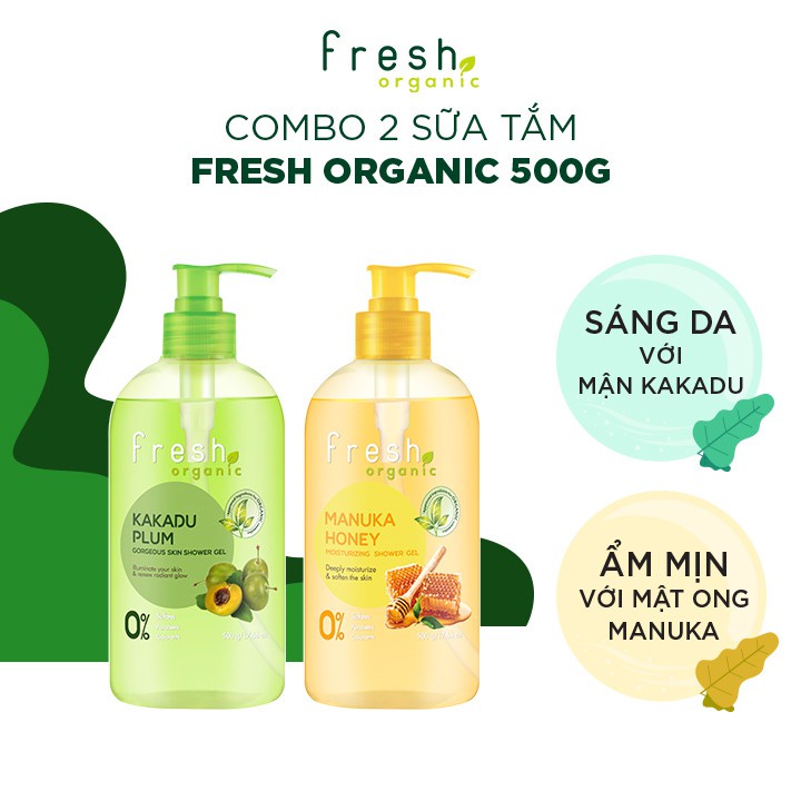 Combo Sữa Tắm Làm Sạch Cơ Thể Organic Sáng Da + Dưỡng Ẩm 500g/ 1 chai