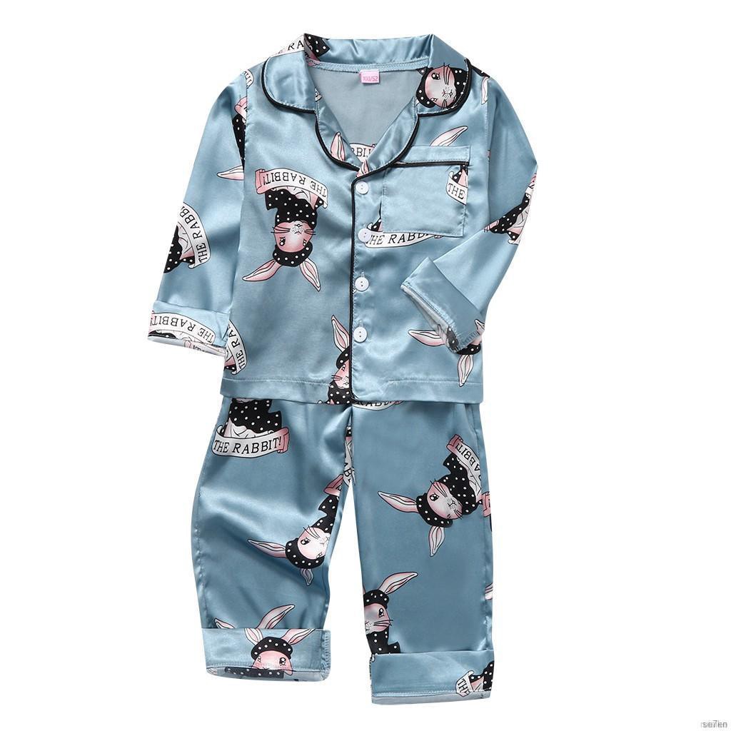 ruiaike  Kids Girls Boys Satin Silk Sleepwear Set Long Sleeve Cartoon Cat Print Button Blouse Tops + Pants Pajamas