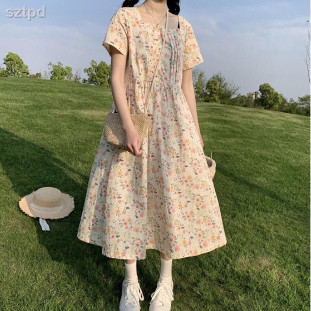 Váy babydoll hoa nhí cổ vuông xếp li ngực ulzzang, Đầm dự tiệc ulzzang hoa nhí dáng rộng chất thô lụa ngọt ngào -V9005