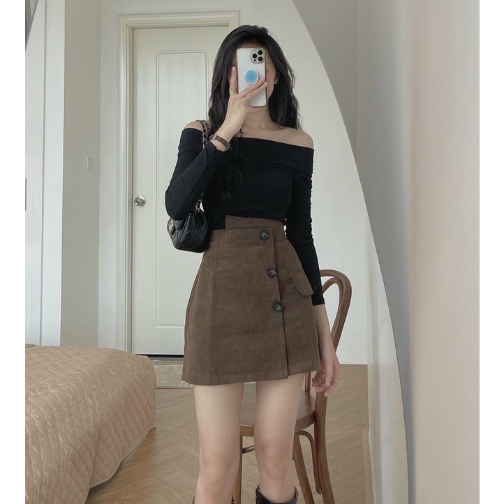 Chân váy Chữ A Nữ Cạp Lệch 3 Cúc Nhung Tăm Nhiều Màu Fullsize Ulzzang C03