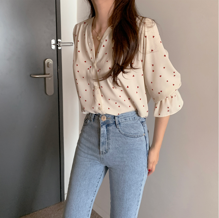 Áo sơ mi có tay dài dáng rộng cổ chữ v in họa tiết độc đáo phong cách retro hàn quốc