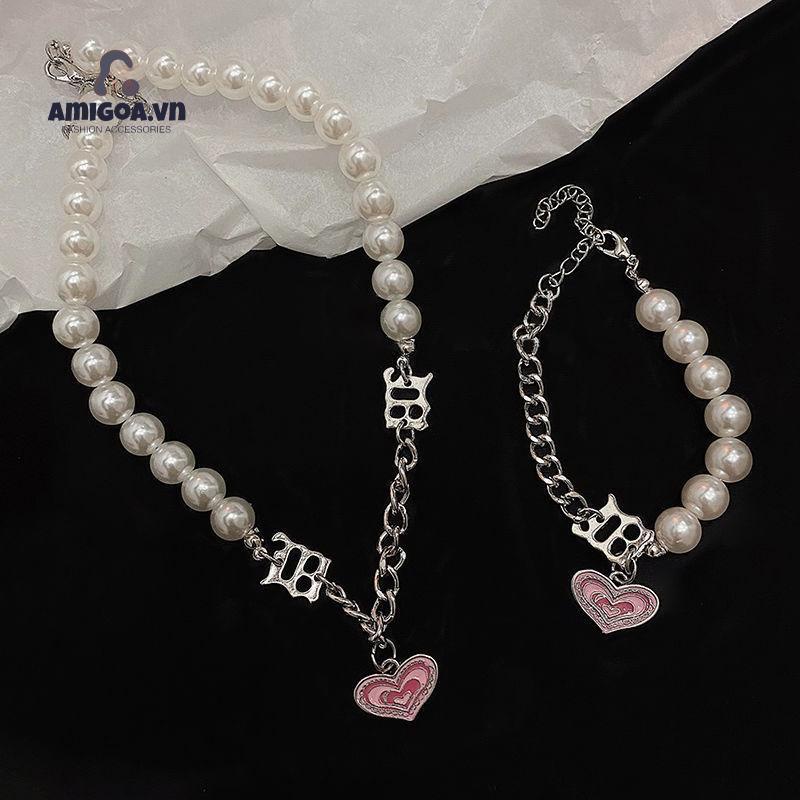 ✨✨Vòng Tay/Vòng Cổ Đính Hạt Ngọc Trai Trái Tim Màu Hồng Phong Cách Hàn Quốc Cổ Điển Thời Trang Cho Nữ