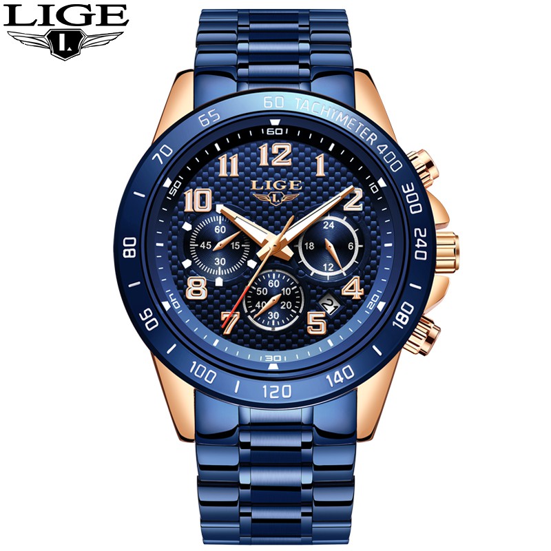 Men's Watch LIGE 10033 Blue Stainless Steel Strap Waterproof Quartz