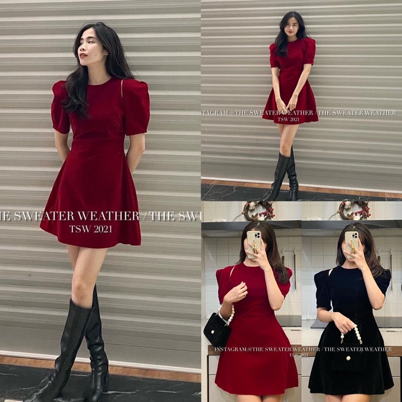 [Ảnh thật/Video] Đầm thiết kế phá cách khoét vai xoè nhẹ sang trọng Váy cổ tròn phong cách của quý cô