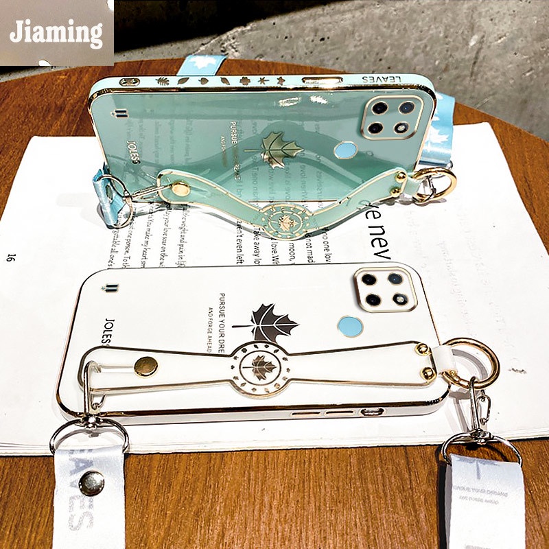 Ốp Điện Thoại Viền Thẳng Mạ Điện Họa Tiết Lá Phong Kèm Dây Đeo Và Vòng Tay Cho Realme C21Y C25Y