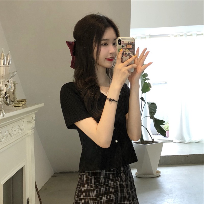 Áo cardigan ZHELIHANGFEI dệt kim tay ngắn cổ chữ V phối ren thời trang xinh xắn cho nữ