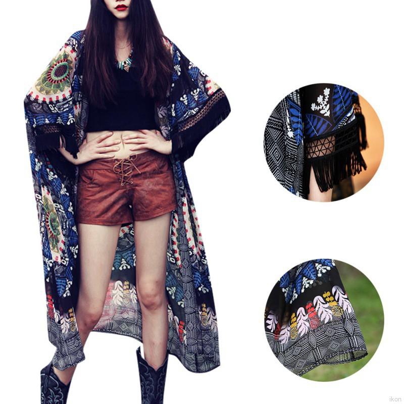 Áo khoác maxi dài chất vải chiffon phối hình in phong cách Boho thời trang cho nữ