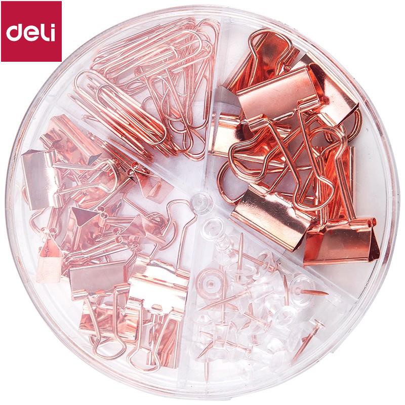 Bộ phụ kiện Deli - Set ghim vòng + ghim mũ + kẹp bướm - Mạ vàng hồng - 1 hộp - 78553 [Deli]