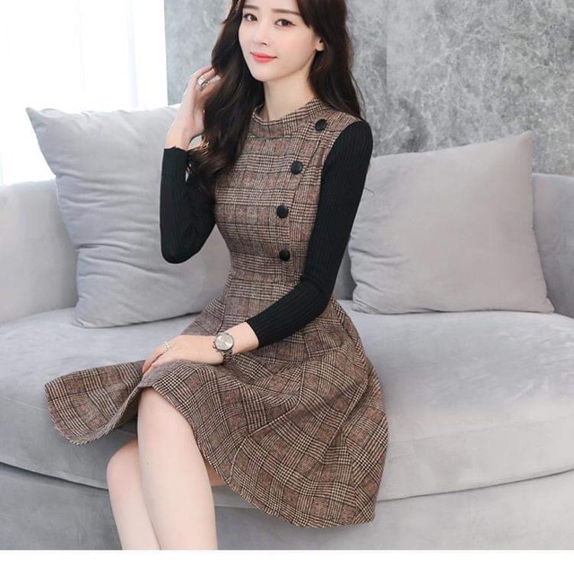 Đầm nữ cao cấp thiết kế vải thô lụa phối tay len sang chảnh NP1167
