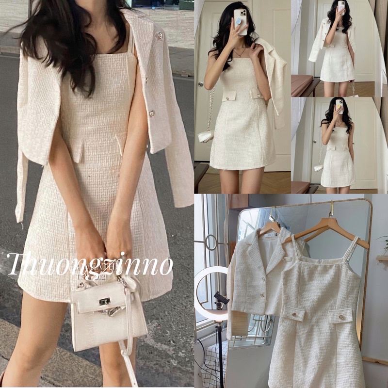 [Ảnh thật/Video] SET VÁY TWEED gồm váy hai dây kèm áo khoác ngoài xinh như tiểu thư