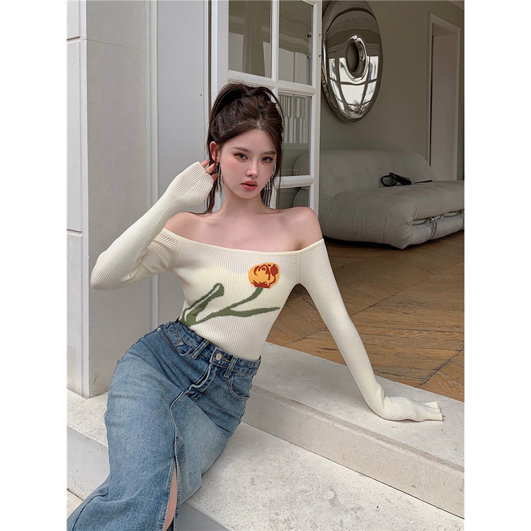 Áo Croptop Dệt Kim Trễ Vai Tay Dài Màu Trơn Thời Trang Hàn Quốc Cho Nữ