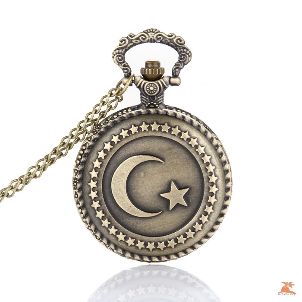 #Đồng hồ bỏ túi# Antique Bronze Turkish Flag Design Moon and Star Theme Quartz Pocket Watch With Necklace Chain