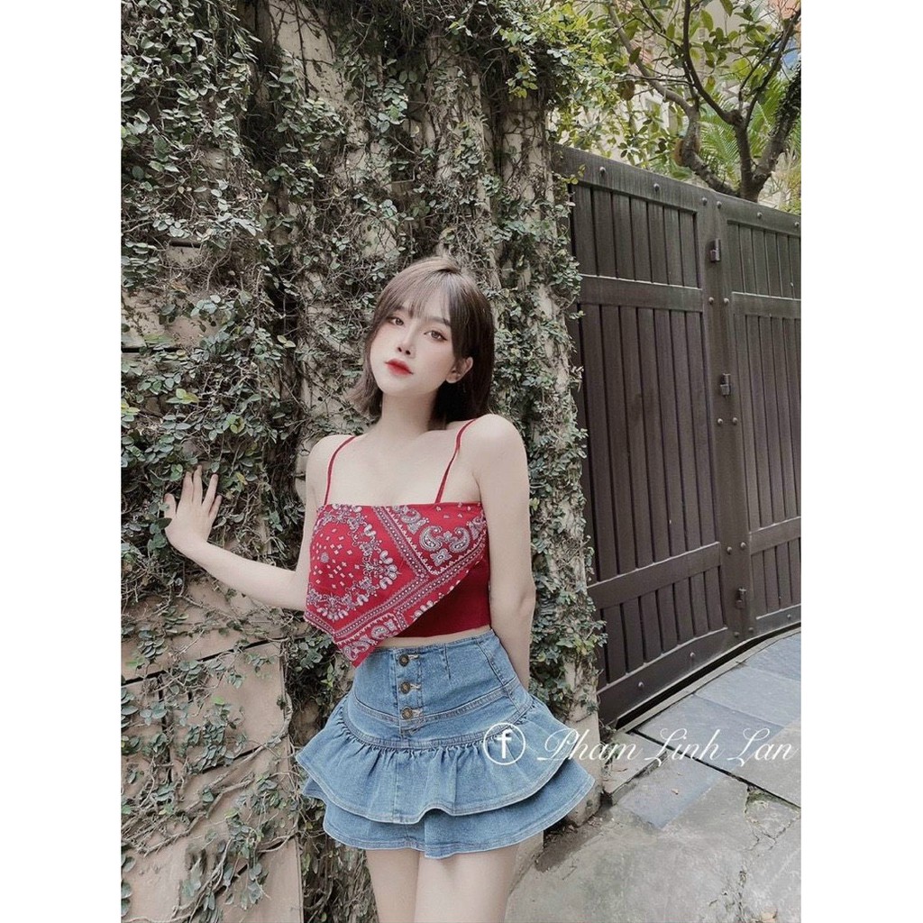 Áo kiểu hao dây yếm phối màu thổ cẩm xinh xinh , chất thun bozip mềm mịn