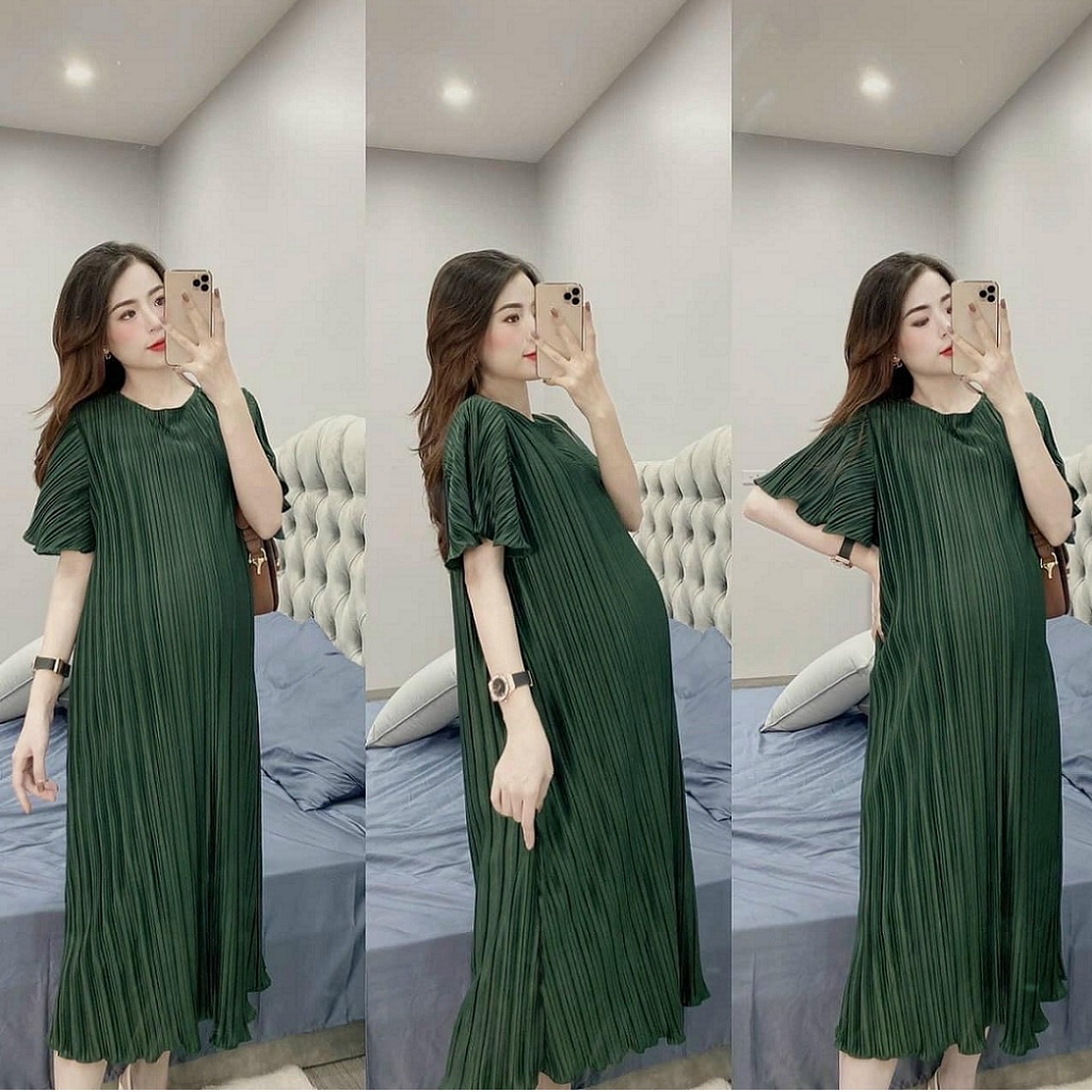 Đầm bầu xếp ly - Váy 2 lớp kín đáo - Chất voan lụa mềm, nhẹ, mát