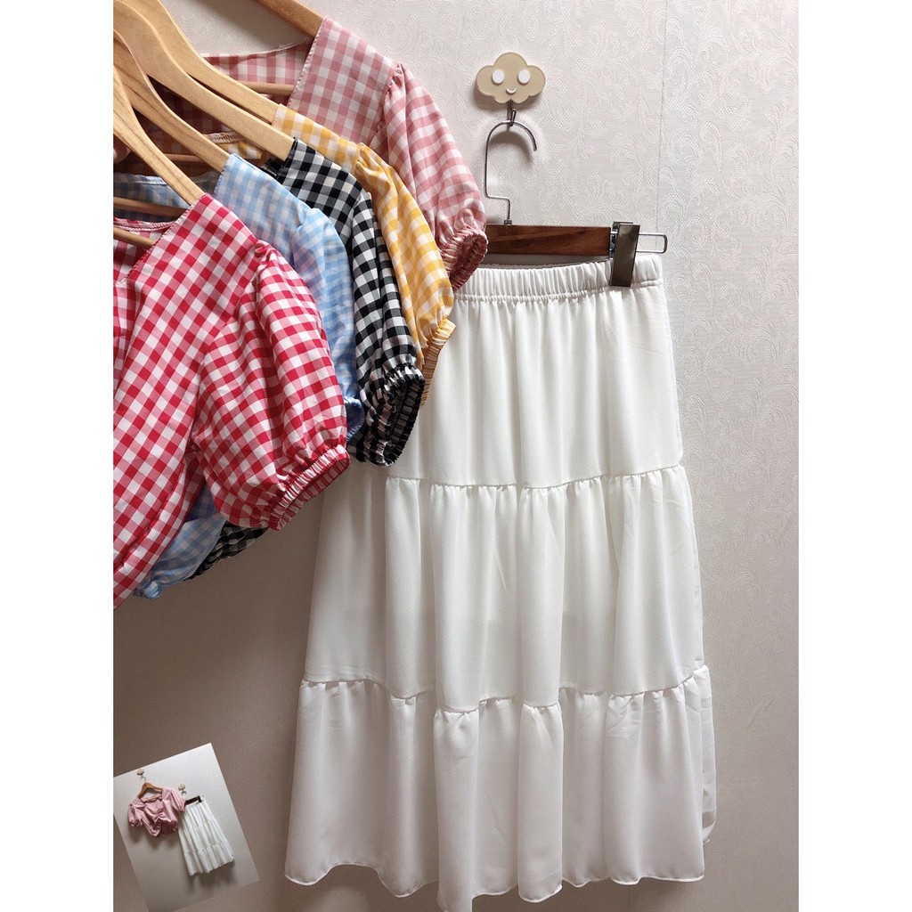 Set xinh áo carro nhúm ngực chân váy voan 3 tầng ảnh thật