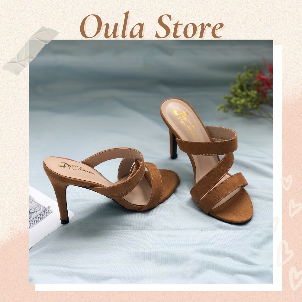 Guốc cao gót kiểu dáng gót nhọn phối dây bản to hoạ tiết trơn 2 màu, G7, Oula Store