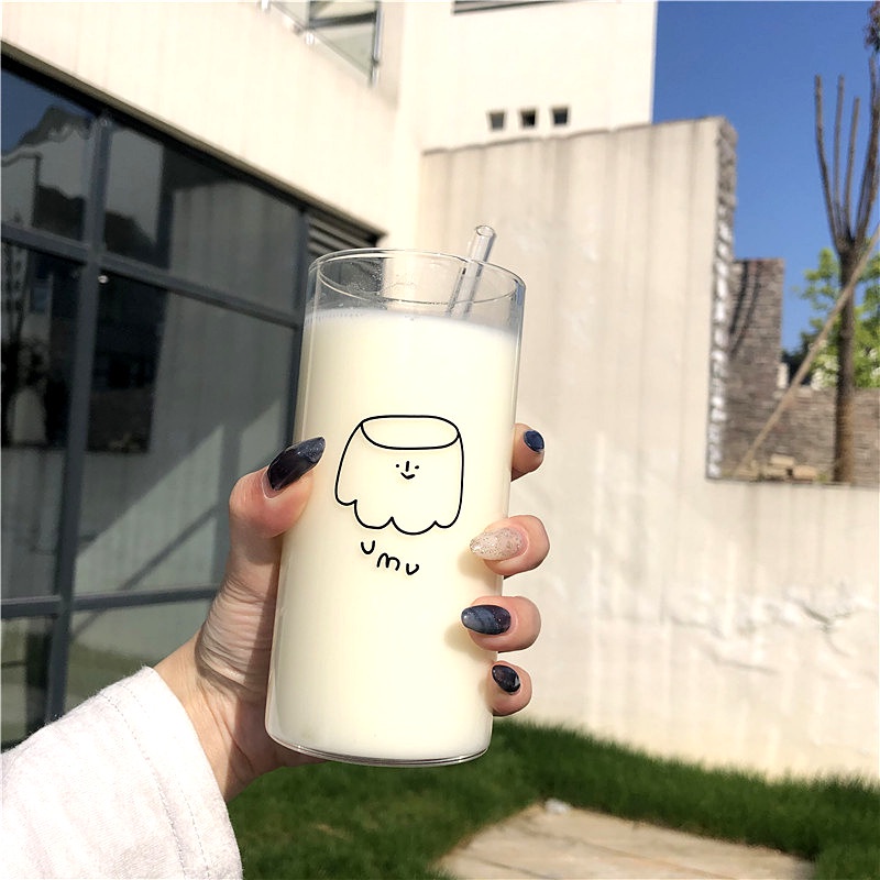 Cốc thủy tinh in hoạt hình 400ml + ống hút/Cọ ống hút/Nhãn dán dễ thương