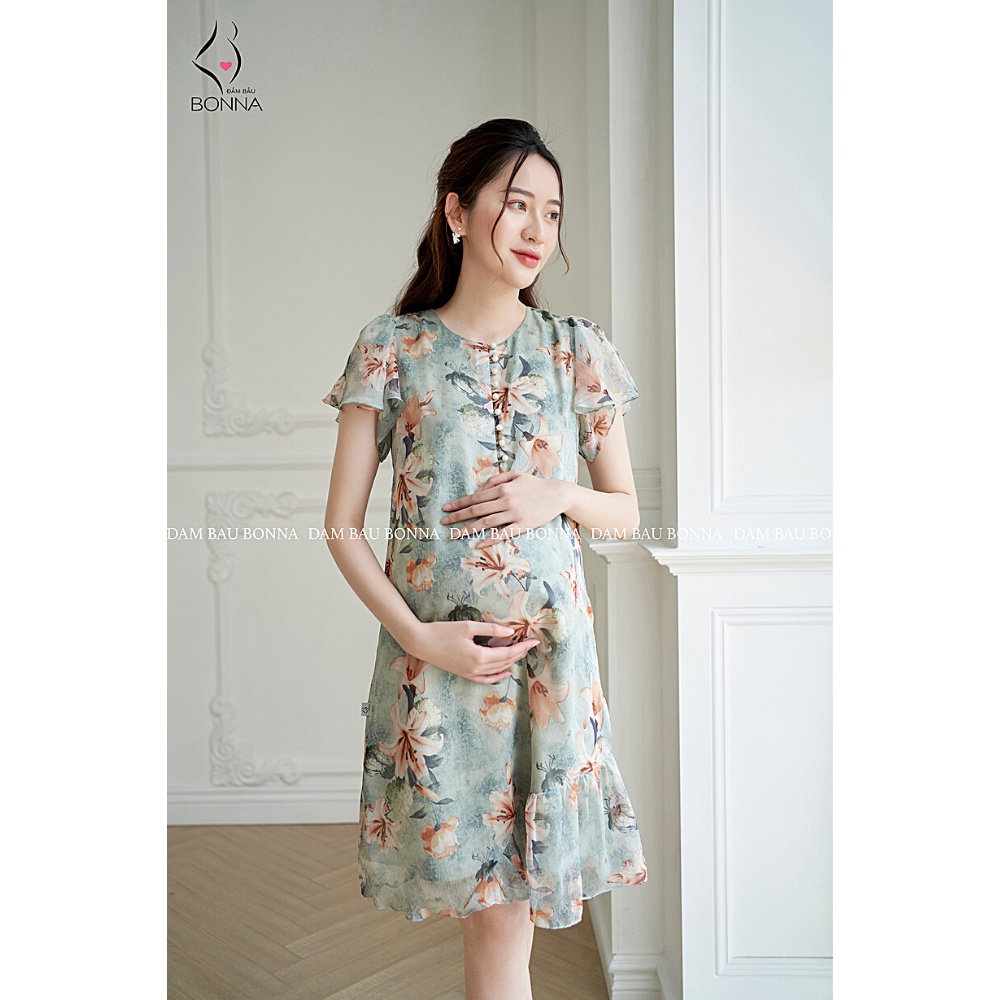 Váy bầu mùa hè BONNA dáng suông nữ tính, chất liệu vải tơ lót lụa cao cấp mềm mại, họa tiết hoa ly xanh bắt mắt V969
