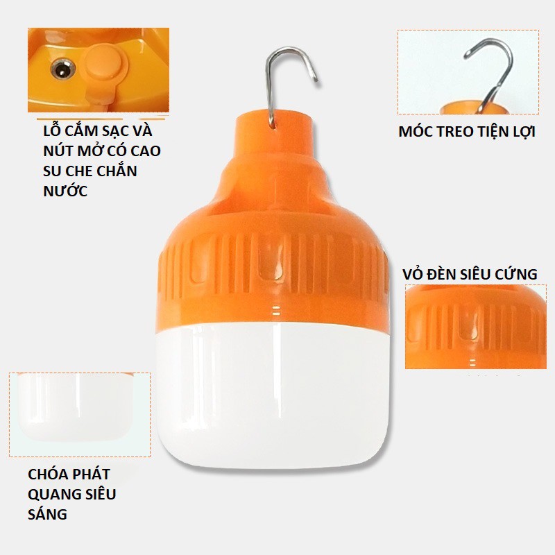 Bóng đèn led sạc tích điện 6-8h - công suất 30w,,100w,,120w có móc treo hàng chính hãng (màu cam )