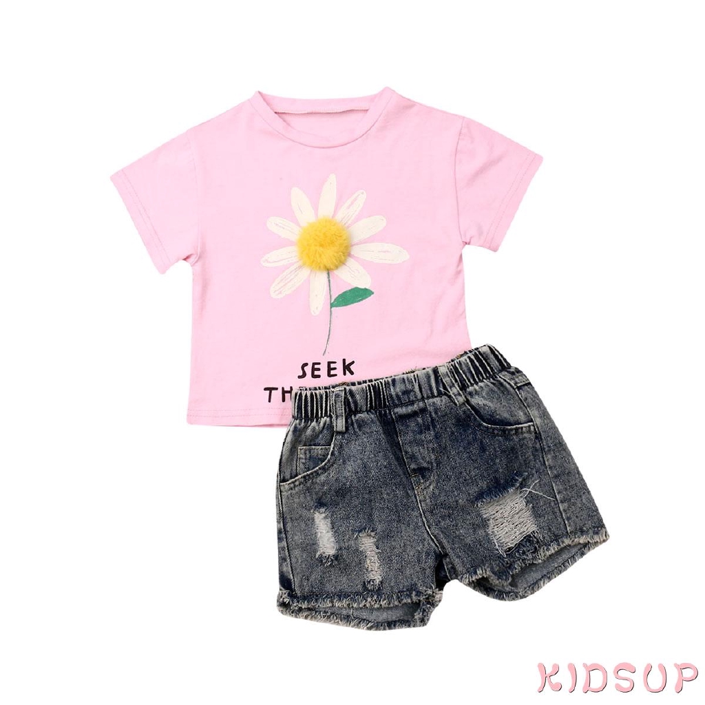 Bộ Áo Thun In Hoa 3d + Quần Short Denim Cho Bé Gái